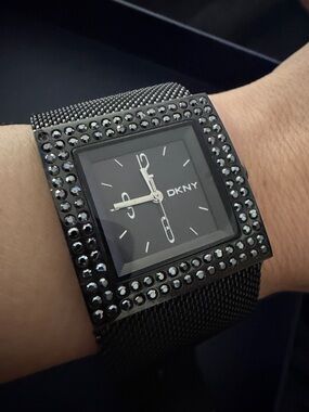 DKNY Black Mesh Strap Square Crystal Bezel Watch- Vintage